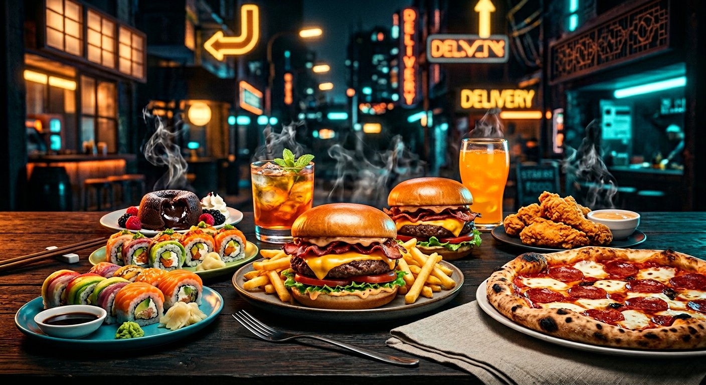 Cinematic premium spread of burgers, pizza, fried chicken, sushi, desserts, and drinks